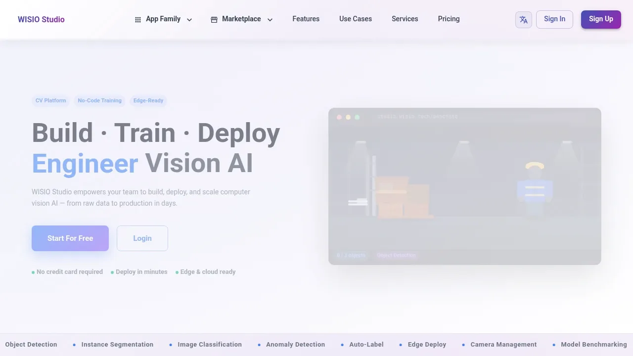 WISIO Studio product screenshot - Build, train, and deploy computer vision models in days with no-code tools